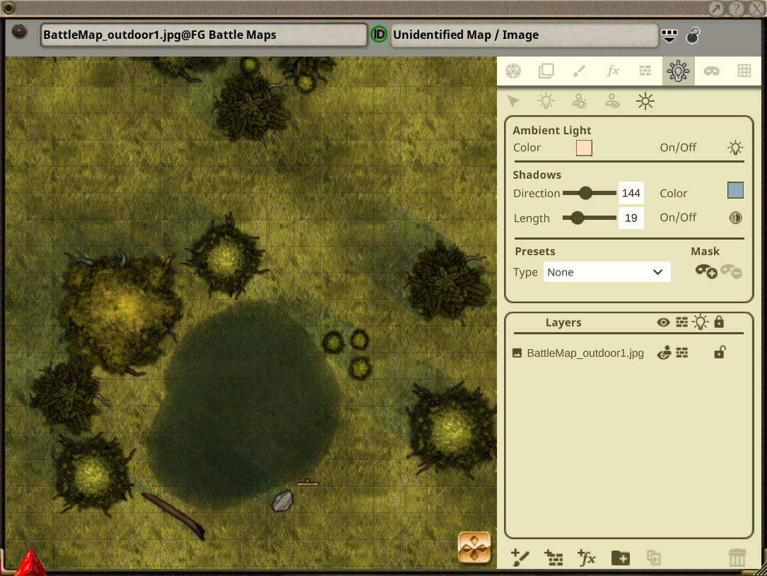 Outdoor battlemap with the Dawn preset and extended length shadows.